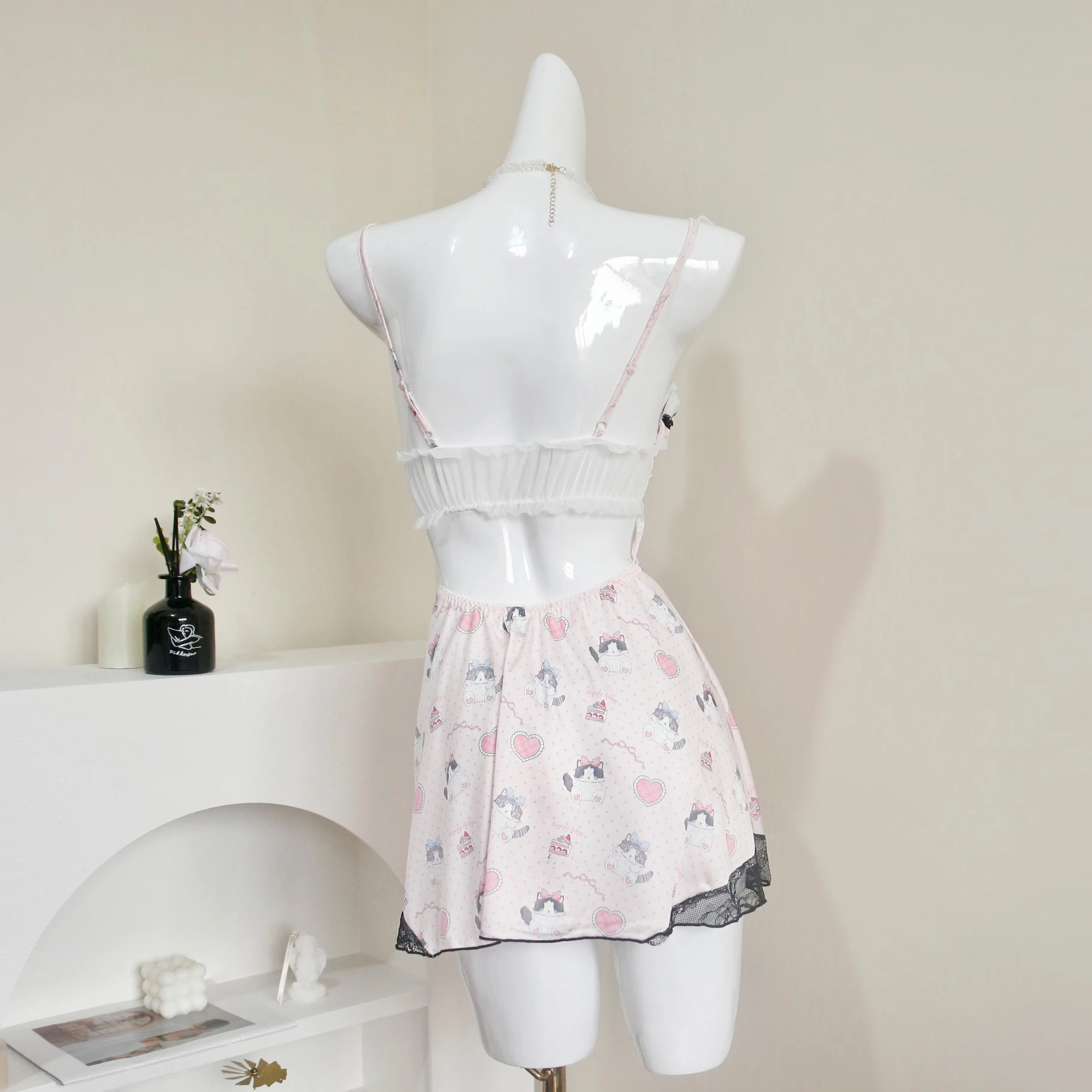 Gaun Malam Gambar Kucing Ragdoll Lucu Merah Muda Pakaian Tidur Lingerie Wanita Pakaian Tidur Seksi Seksi untuk Wanita Pakaian Dalam Babydooll