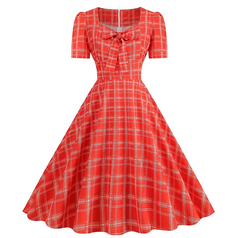 Pink Plaid Vintage Party Dress for Women Square Collar Short Sleeve Casual Summer Elegant Fashion