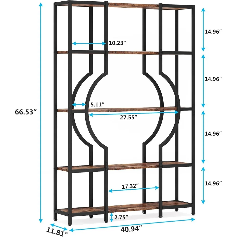 5-Tier Bookshelf and Bookcase Set of 2, Vintage Tall Bookcase with 12 Open Display Shelves, Wooden Book Shelving Unit