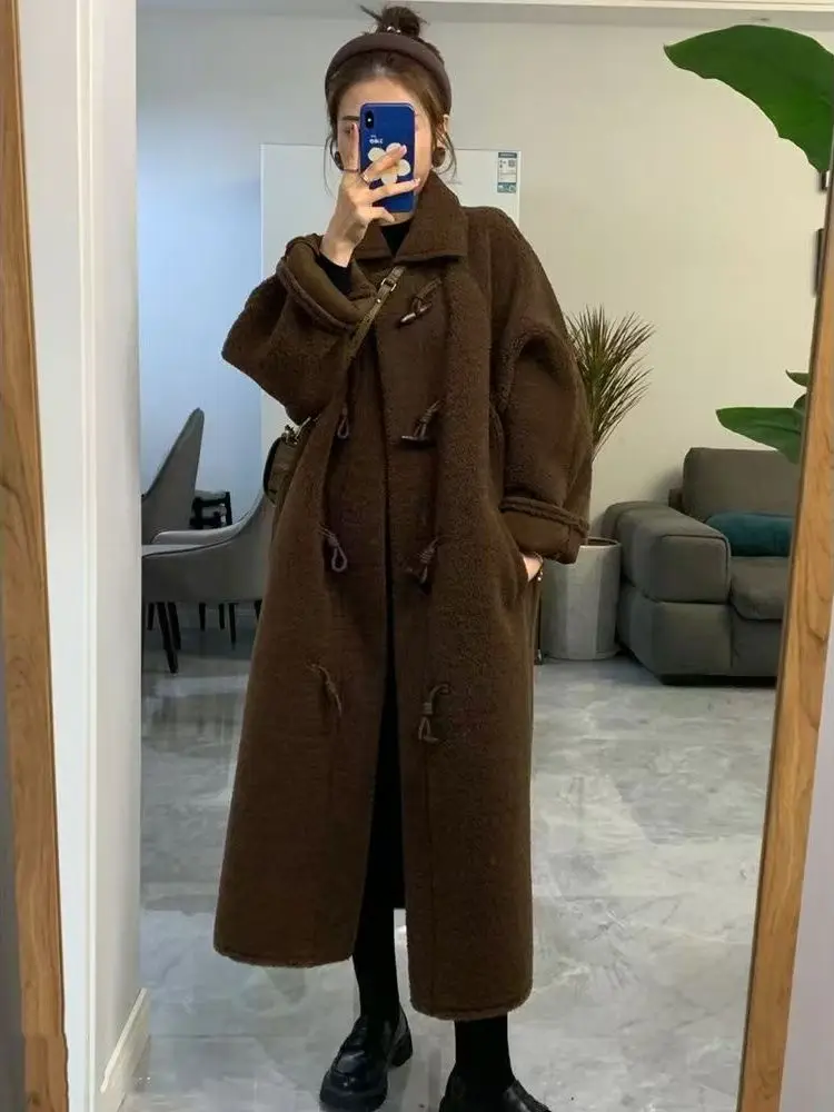 

Пальто женское из овечьей шерсти, длинное, утепленное, большого размера, осенне-зимнее, новое, с завышенной талией, в корейском стиле, для повседневной носки, однотонное