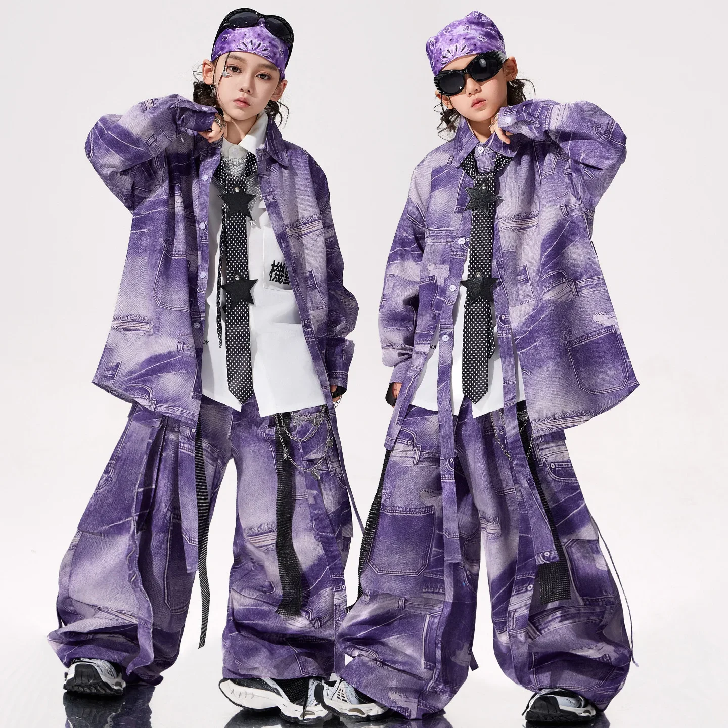 Children Boys Girls Streetwear Hip Hop Print Shirt Pant Sets Kids Cardigan Trousers Suits Stage Show Clothes Performance Costume