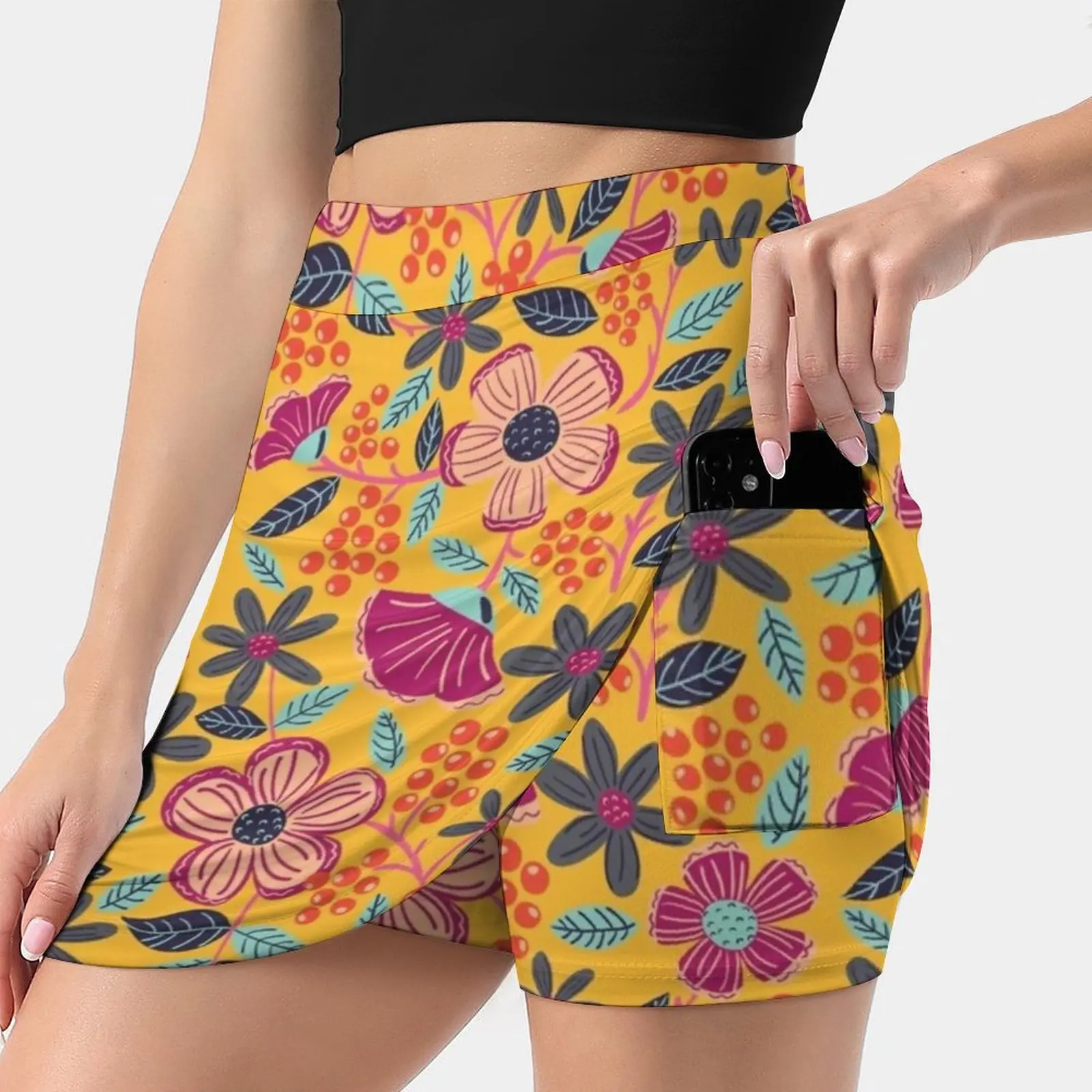 Spain Women's skirt Mini Skirts A Line Skirt With Hide Pocket Floral Flowers Yellow Summer Pink Blue Purple Nature Pattern Happy