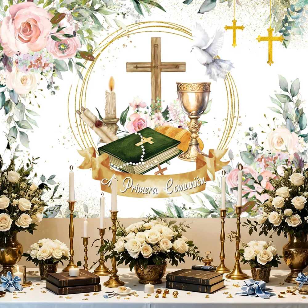 Laeacco-마이 퍼스트 거룩한 친교 사진 배경, 식물 꽃, 베이비 샤워, 세례 맞춤형 포스터 사진 배경