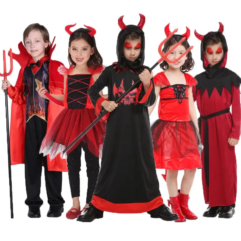 

Scary Red Horn Devil Devilkin Costumes for Kids Child Boys Girls Demon Costume Cosplay Halloween Fancy Cosplay Dress Robe