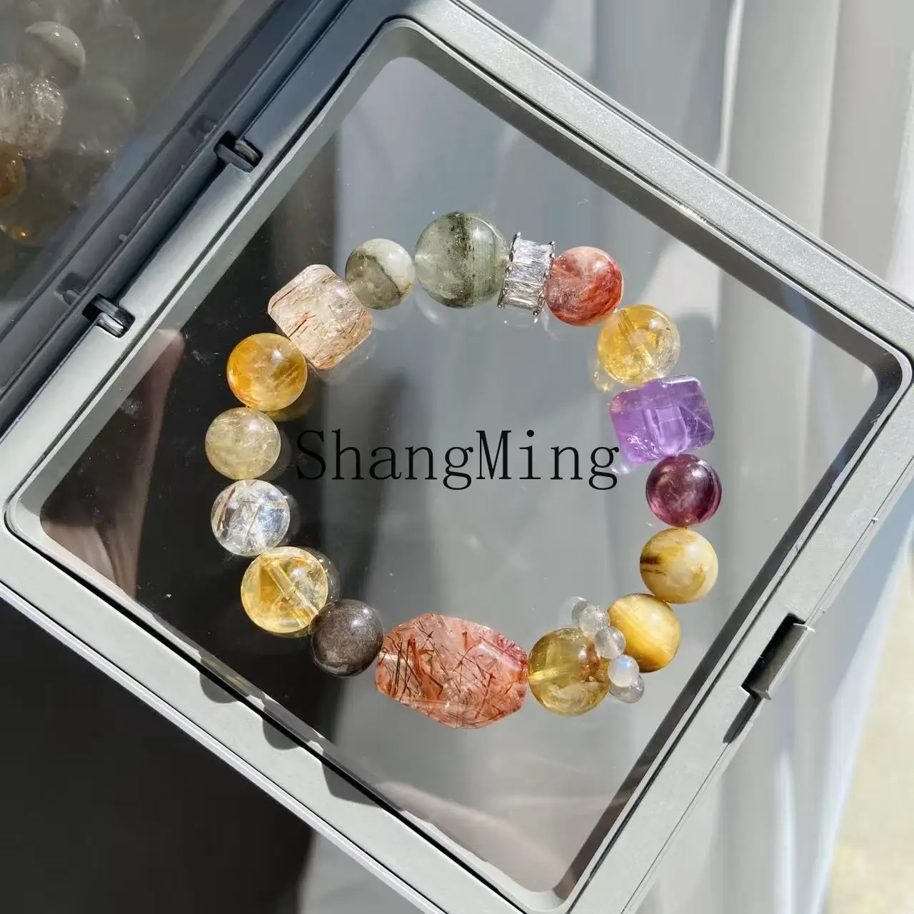 CL natural black gold super seven crystal yellow tower crystal beaded gold tiger eye bracelet niche red rubber flower bracelet