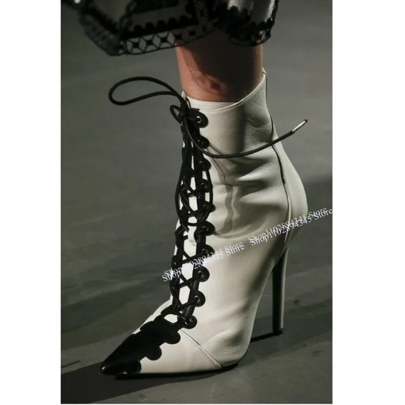 Black White Lace Up Boots Pointed Toe Mid Calf Thin High Heel Cool Fashionable Sexy Summer 2023 Woman Shoes Zapatillas Mujer