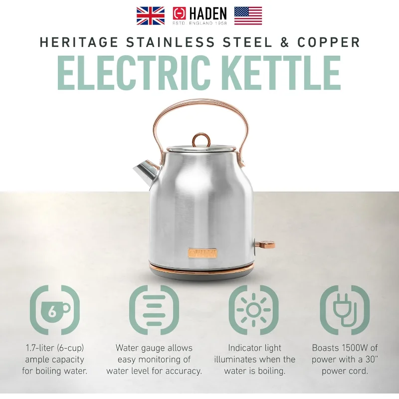 غلاية كهربائية من الفولاذ المقاوم للصدأ سعة 1.7 لتر من Haden Heritage، غلاية ماء ساخن مع قاعدة 360 درجة وإيقاف تلقائي، فولاذ ونحاس