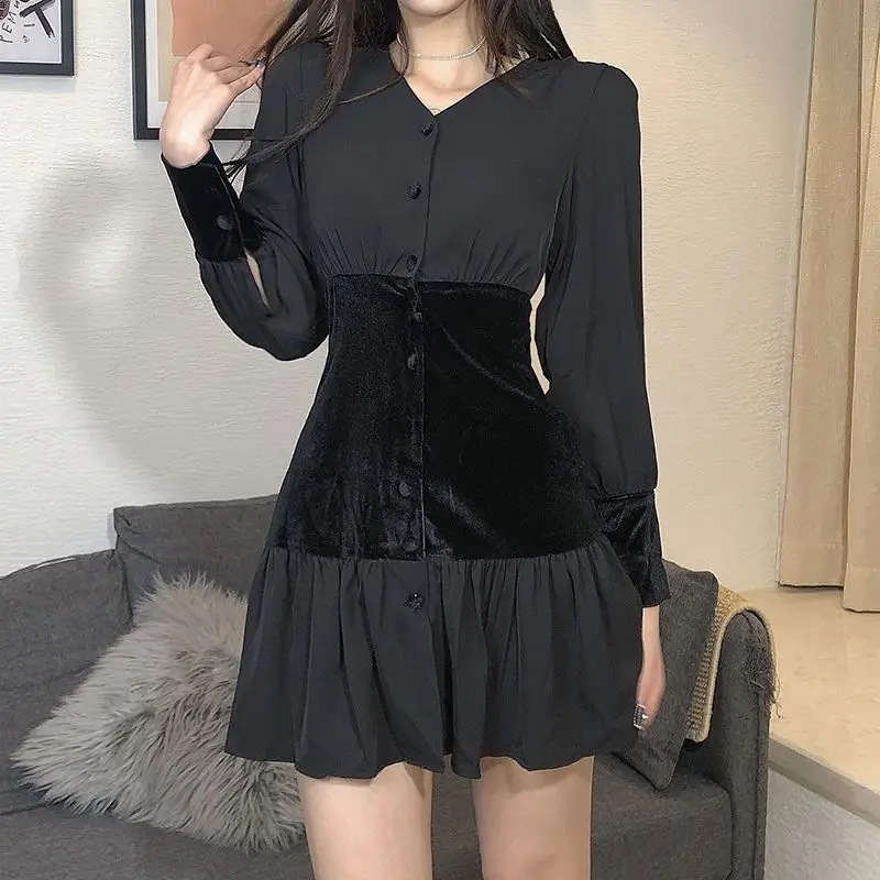 

Dress V-Neck Button High Waist Long Sleeve Puff Sleeve Splicing Korean Style Lady Ruffled Retro Short Skirt Autumn Style