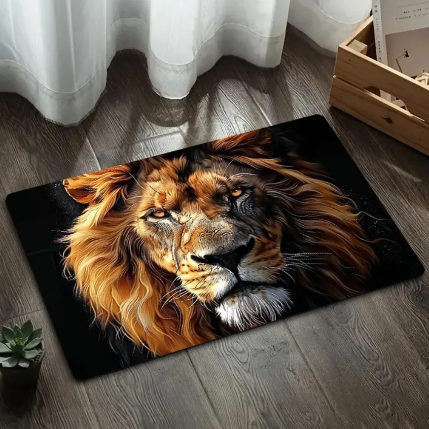 Cool Black Lion Patterned Non-Slip Floor Mat, Masculine Style Decorative Rug for Living Room, Bathroom, and Entryway