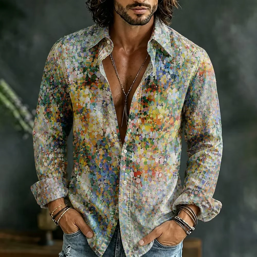 New Men's Artistic Wildflower Herbal Long Sleeve Shirt in Rice White Same Color Plant Printed Collar Casual Shirt
