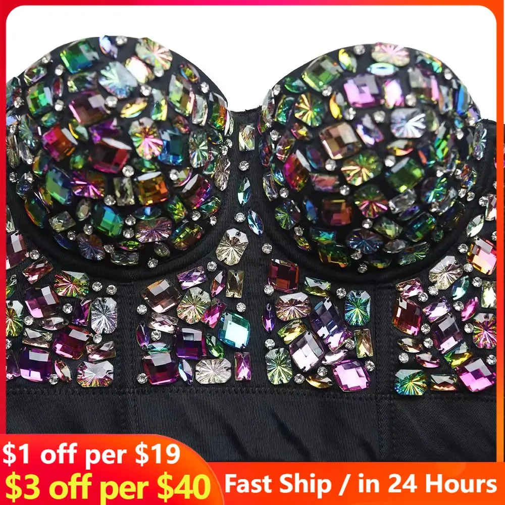 Rhinestone Sexy Punk Sling Acrylic Goth Black Tee Summer Clothes For Women Fashion Crop Top Gather Wrap Vest Streetwear Bead Bra