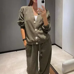 Solid Sports Comforty Casual Two Piece Set Women Spring V Neck Button Top Jacket & Sweatpant Outft Fall Long Sleeve Suit 2024