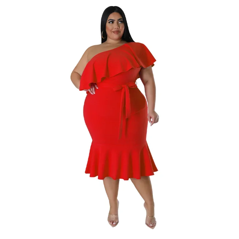 L-4XL Spring Summer 2024 New Fashion Plus Size Women Clothing African Party Dresses Irregular Ruffles Elegant Midi Evening Dress