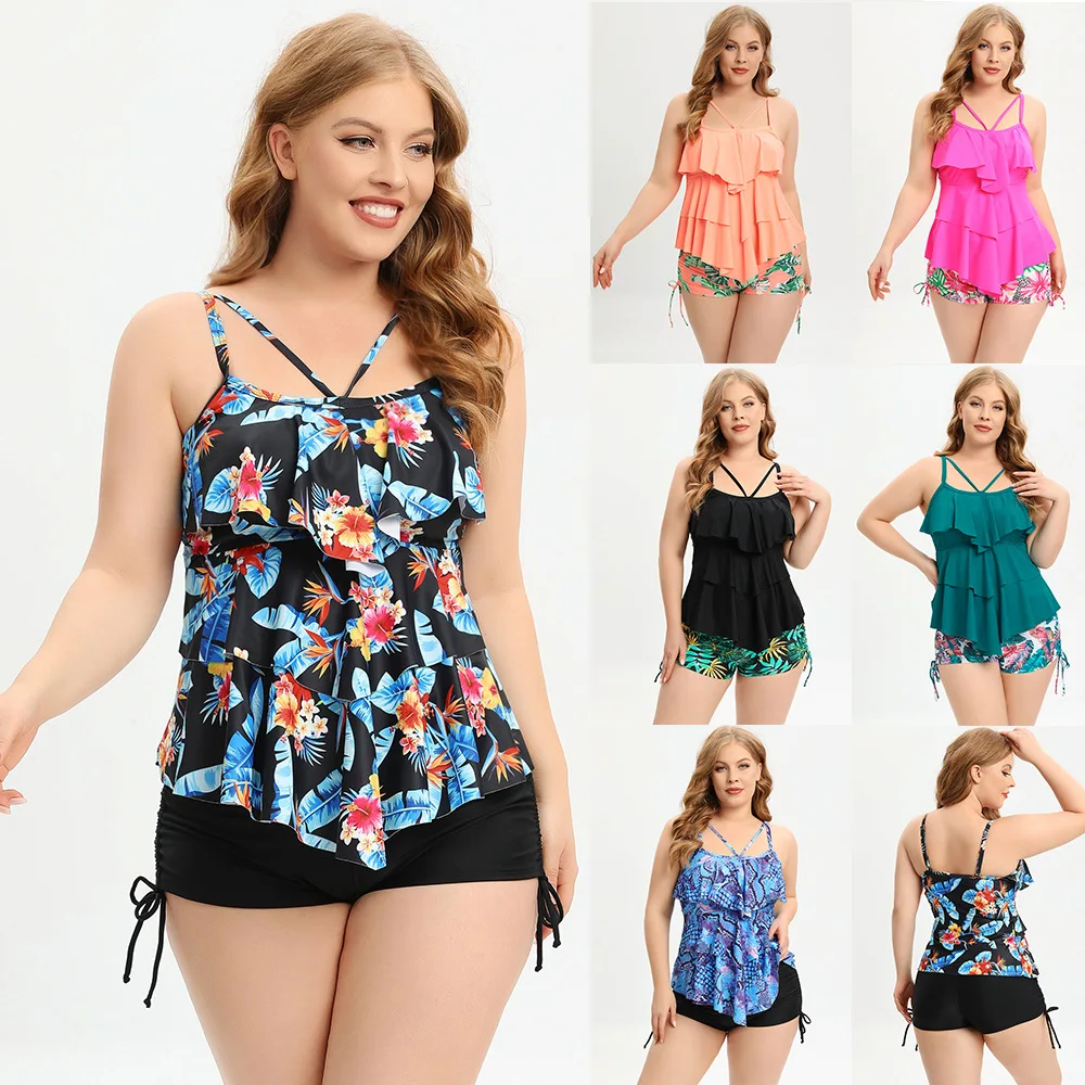 

Plus Size Women Ruffle Tankini Two Piece Swimsuit Floral Print Swimwear Push Up Swimsuit Shorts Bathing Suit 5XL Beach Pad