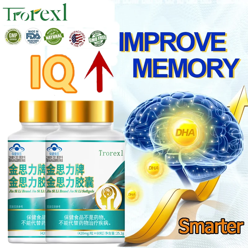 60pcs IQ Brain Booster Pills Improve Memory Enhance Focus Premium Nootropic for Neuro Energy Herbal Capsule Supplement