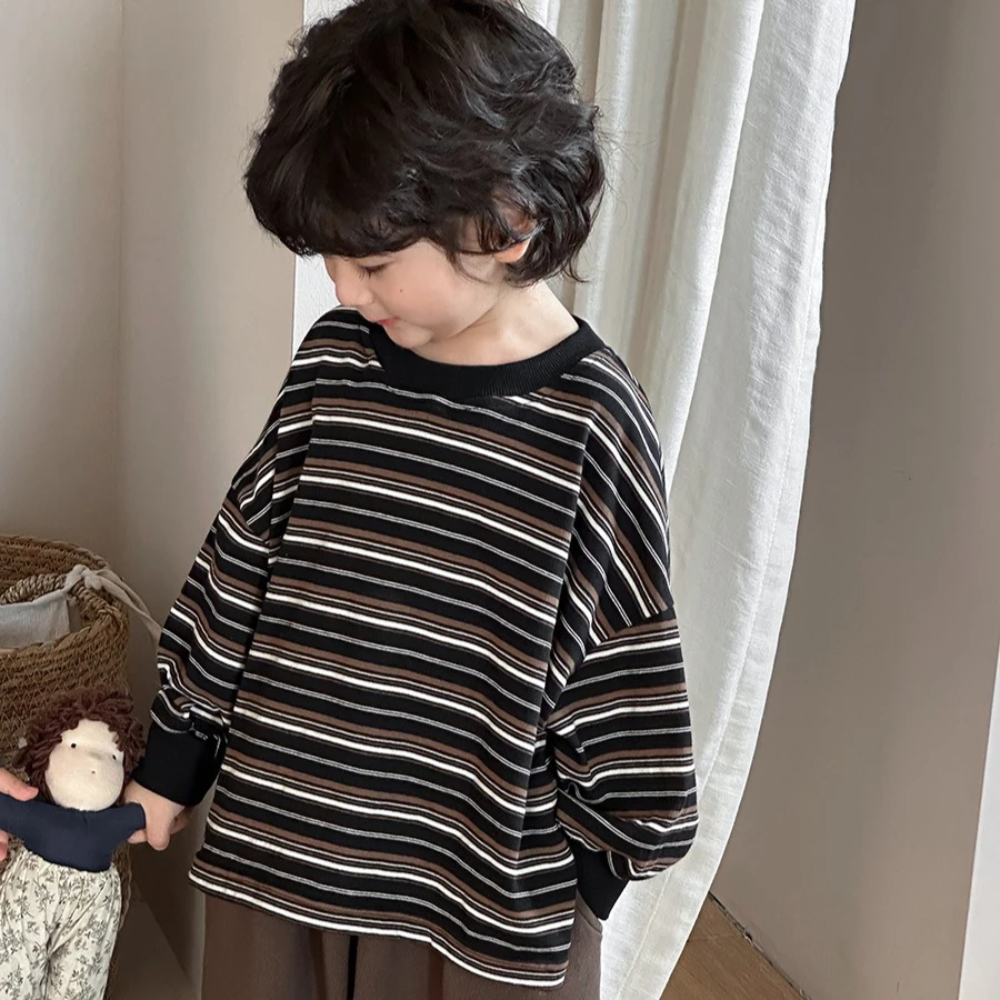 خريف 2025 تي شيرت للأطفال بأكمام طويلة مخطط للجنسين تي شيرت قطني مريح غير رسمي للأولاد والبنات من سن 1 إلى 8 سنوات #6