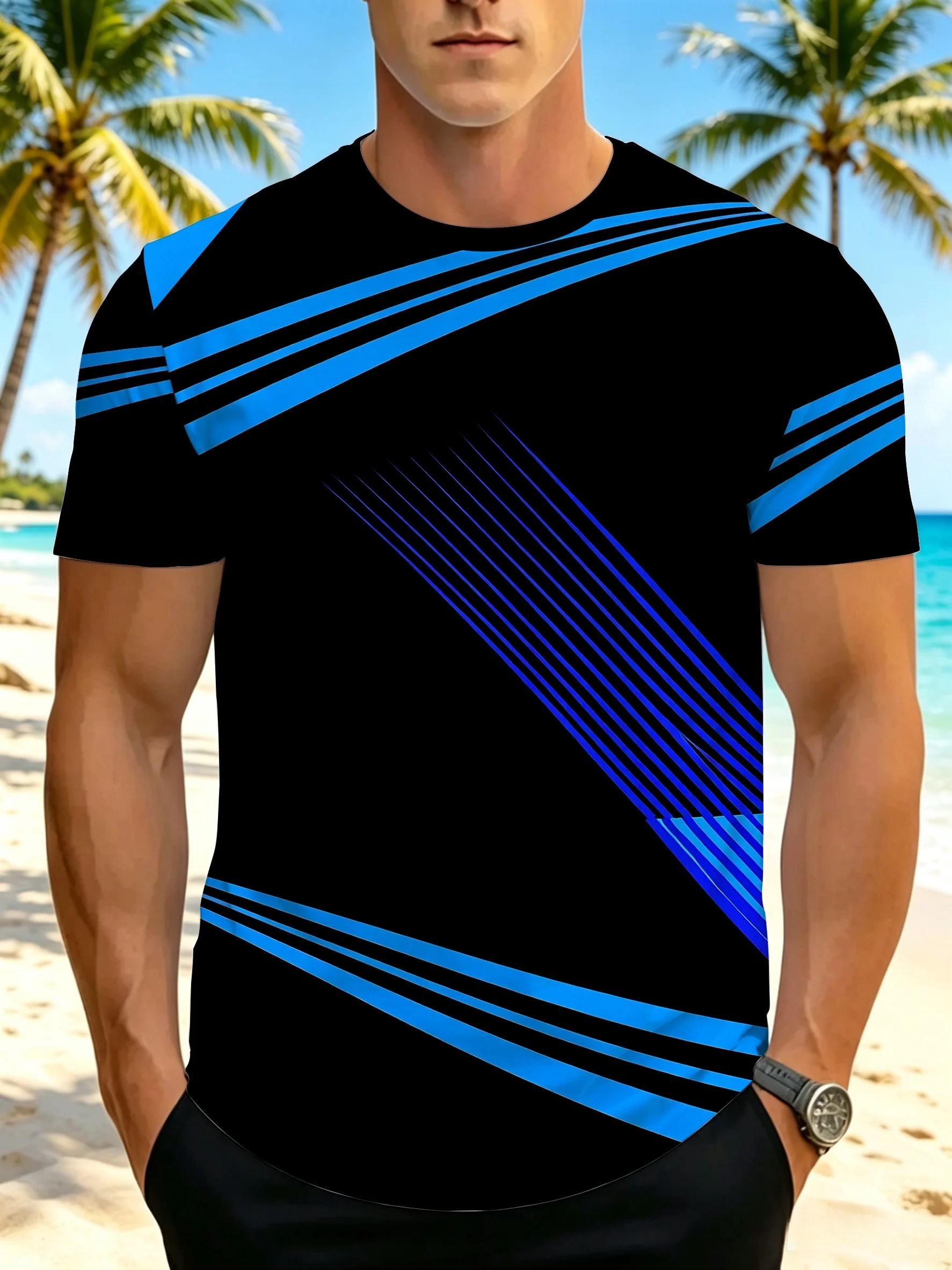 New men's short-sleeve T-shirt, loose-fitting and tailored with printed designs, versatile basic crew-neck top suitable for spri