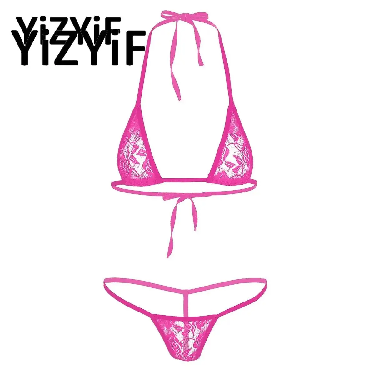 

Women Sexy Sheer Lace Lingerie Brazilian Bikini Set Lace-up See Through Halter Micro Bra Top with G String Thong Porno Underwear