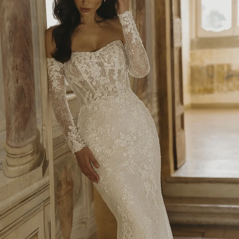 Shiny ivory white Wedding Dresses glitter flower decal off-shoulder Fishtail Skirt Gowns Made  wedding dress Bridal Gown