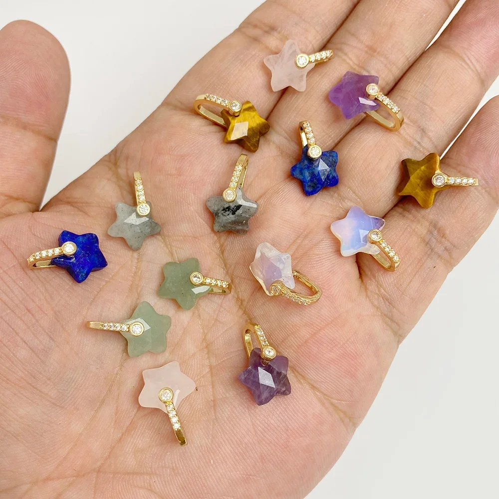 Gold Plated Zircon Pentagram Stone Charm 11mm, 5Pcs Star Natural Gem Pendant, DIY Necklace Handcraft Jewelry Accessories
