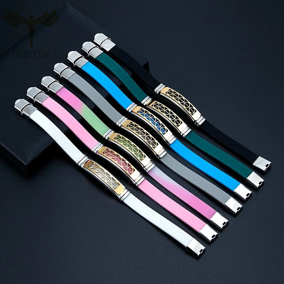 Fashion Men Women Jewelry Stainless Steel Bracelets Smooth Black Grey White Pink Rubber Wristband Geometric Accessories Bangles