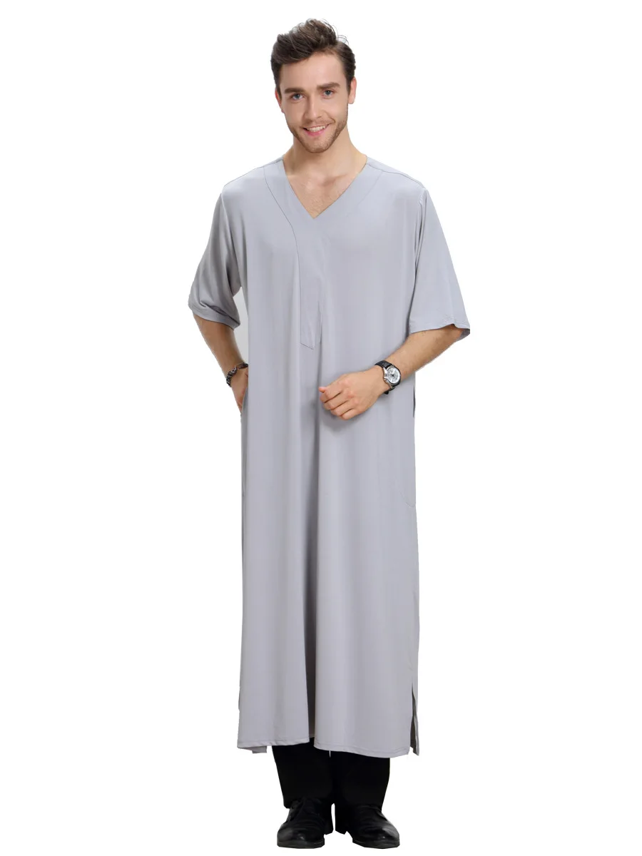 Morocco Mens Solid Color Robes Saudi Style Jubba Thobe Man Vintage Short Sleeve V Neck Muslim Arabic Dubai Islamic Clothing