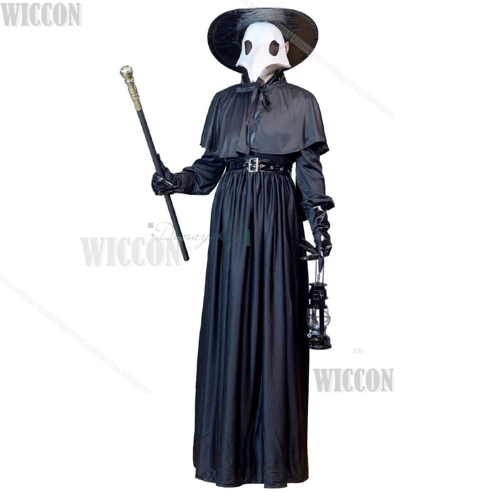 Plague Doctor Punk Gothic Dress Halloween Black Dress Mask Prop Walking Stick Lantern Outfit Carnival Cosplay Comic Con Roleplay