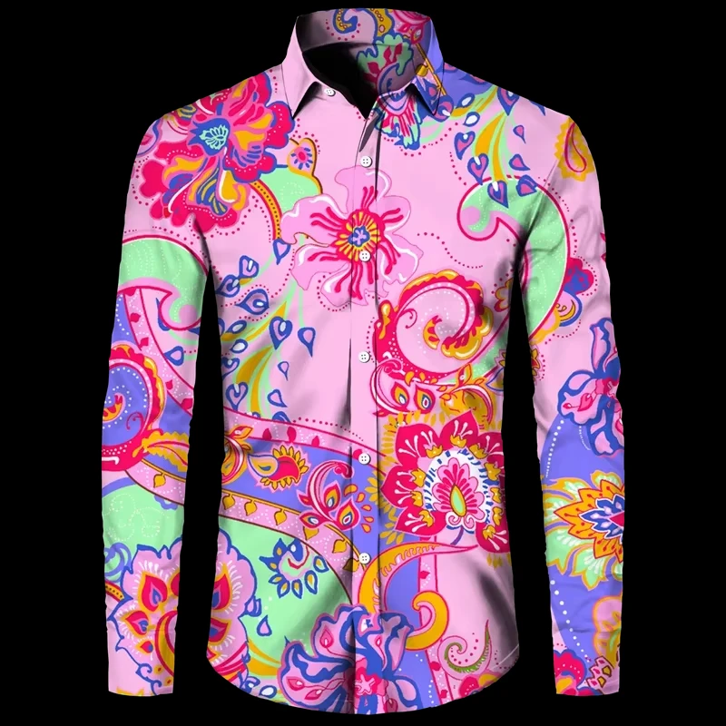 New Fashion Men's Shirt Paisley Cashew Flower 3D Print Turn-down Collar Button Long Sleeve Tops Vintage Men Streetwear Clothes，