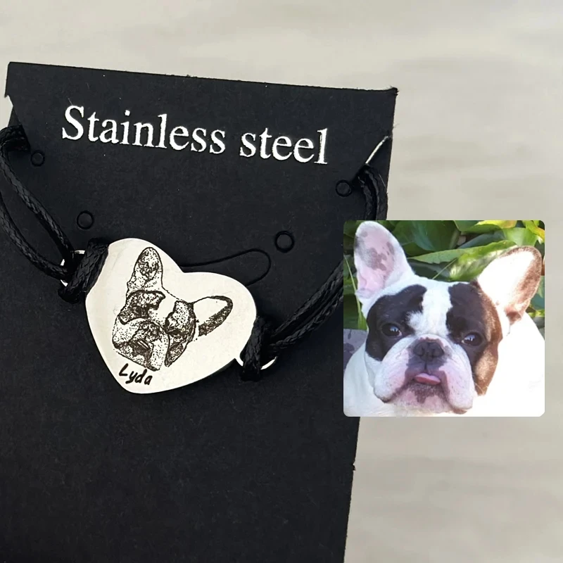 

Hot Selling Custom Personalized Adjustable Pet Cat Dog Photo Bracelets Braided Rope Stainless Steel Bracelet Gift Jewelry