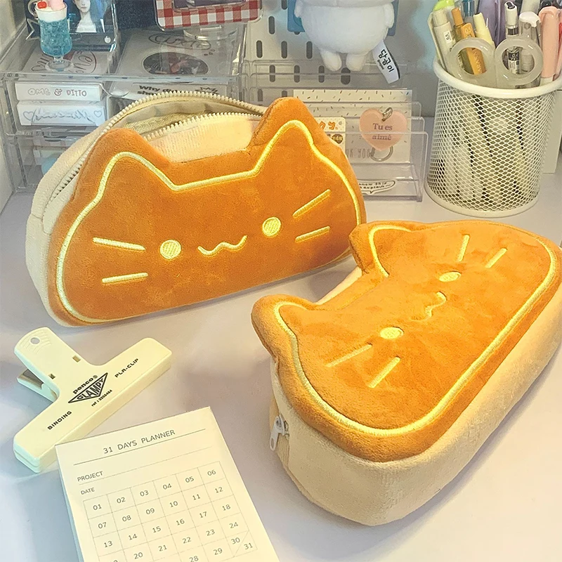 Cat Print Plush Pencil Case Simplicity Large Capacity Pen Storage Bag Cartoon Kitten Pen Organizer Bag Stationery storage bag