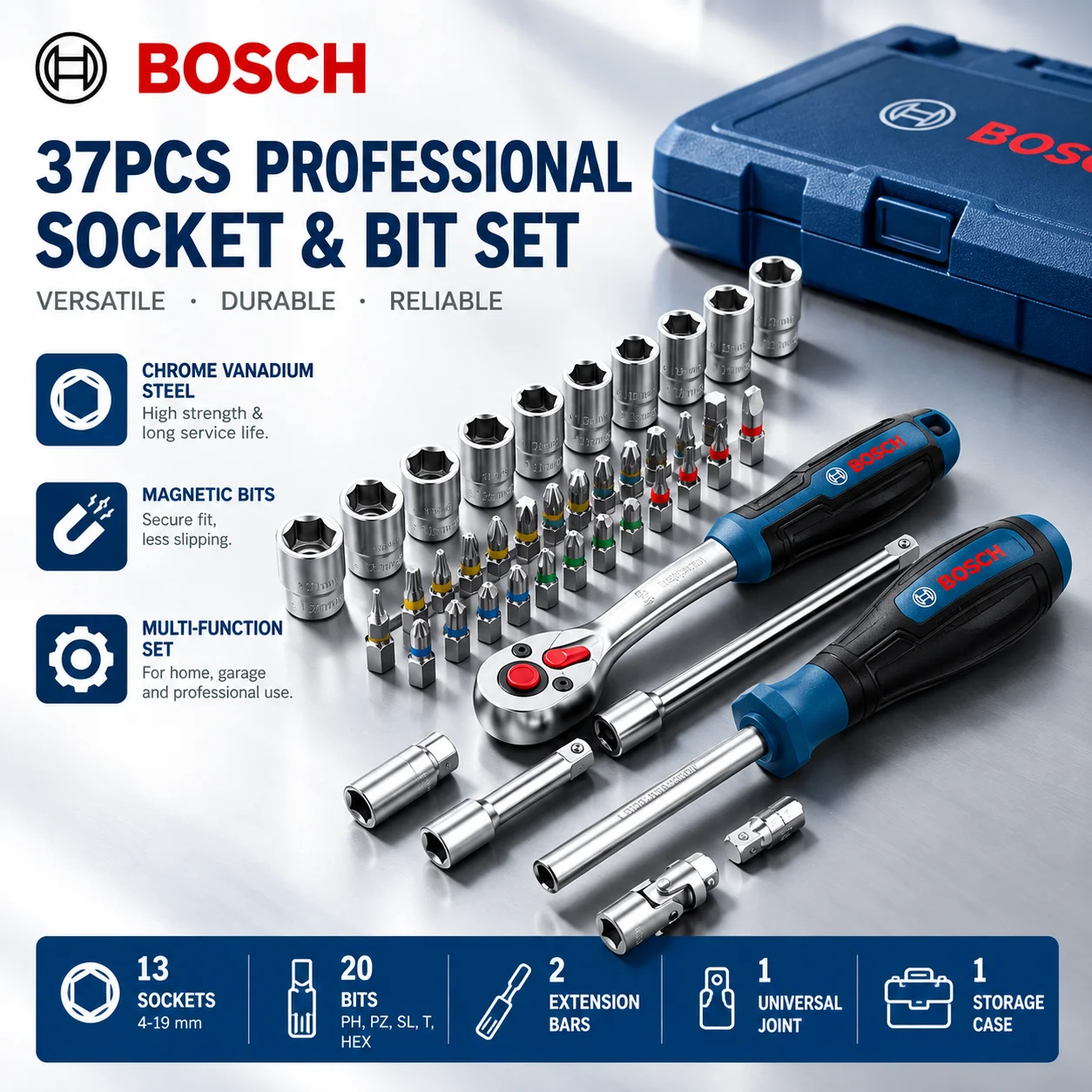 BOSCH 1/4 Inch Ratchet Set Socket Wrench Set Quick Release Screwdriver Bits Torx Hex PH PZ Hand Tool for Auto Repair DIY