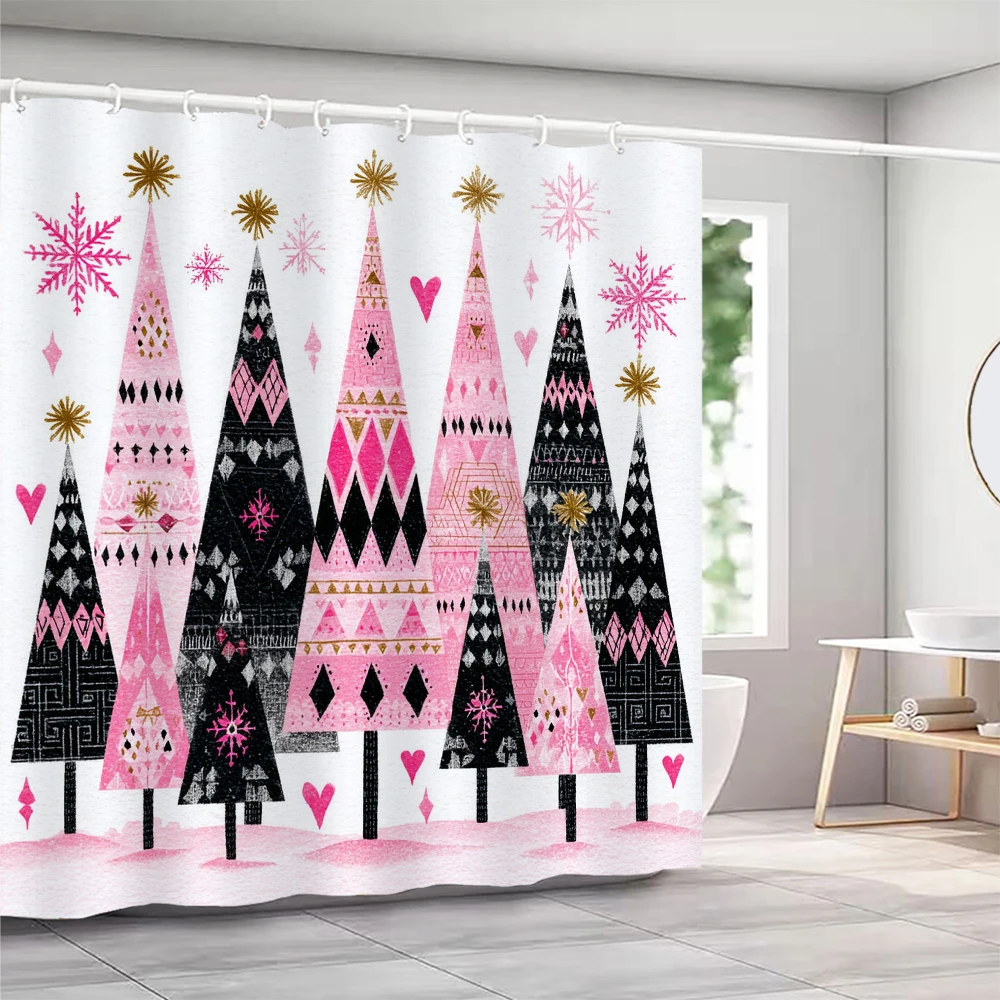 

Christmas Decoration Shower Curtain, Bathroom Decoration Christmas tree Santa Claus and snowman Shower Curtain, with Hooks