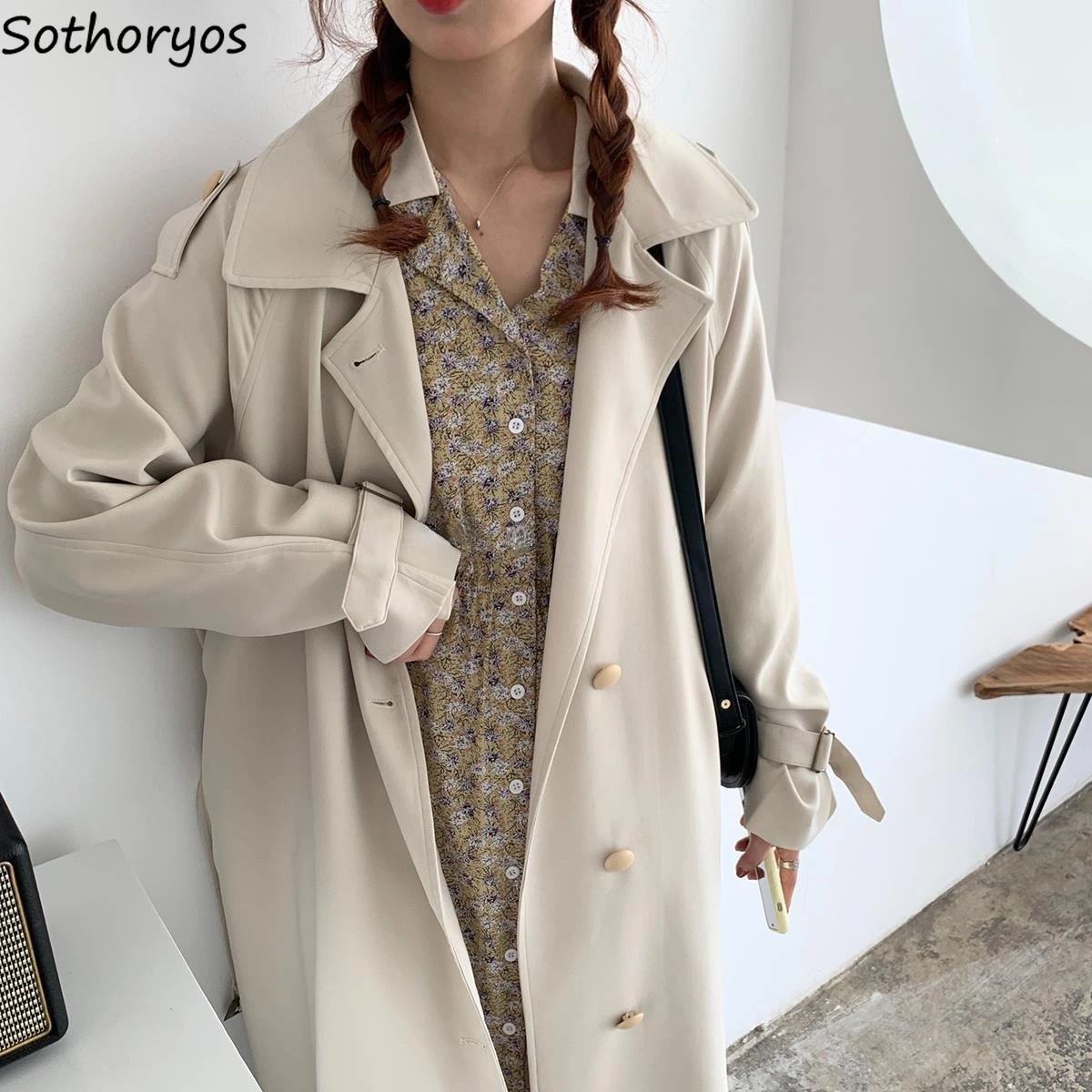 

Women Trench Tender Solid Color Loose Sweet Girls Preppy All-match Students Daily Retro Long Windbreaker Outwear Office Mujer