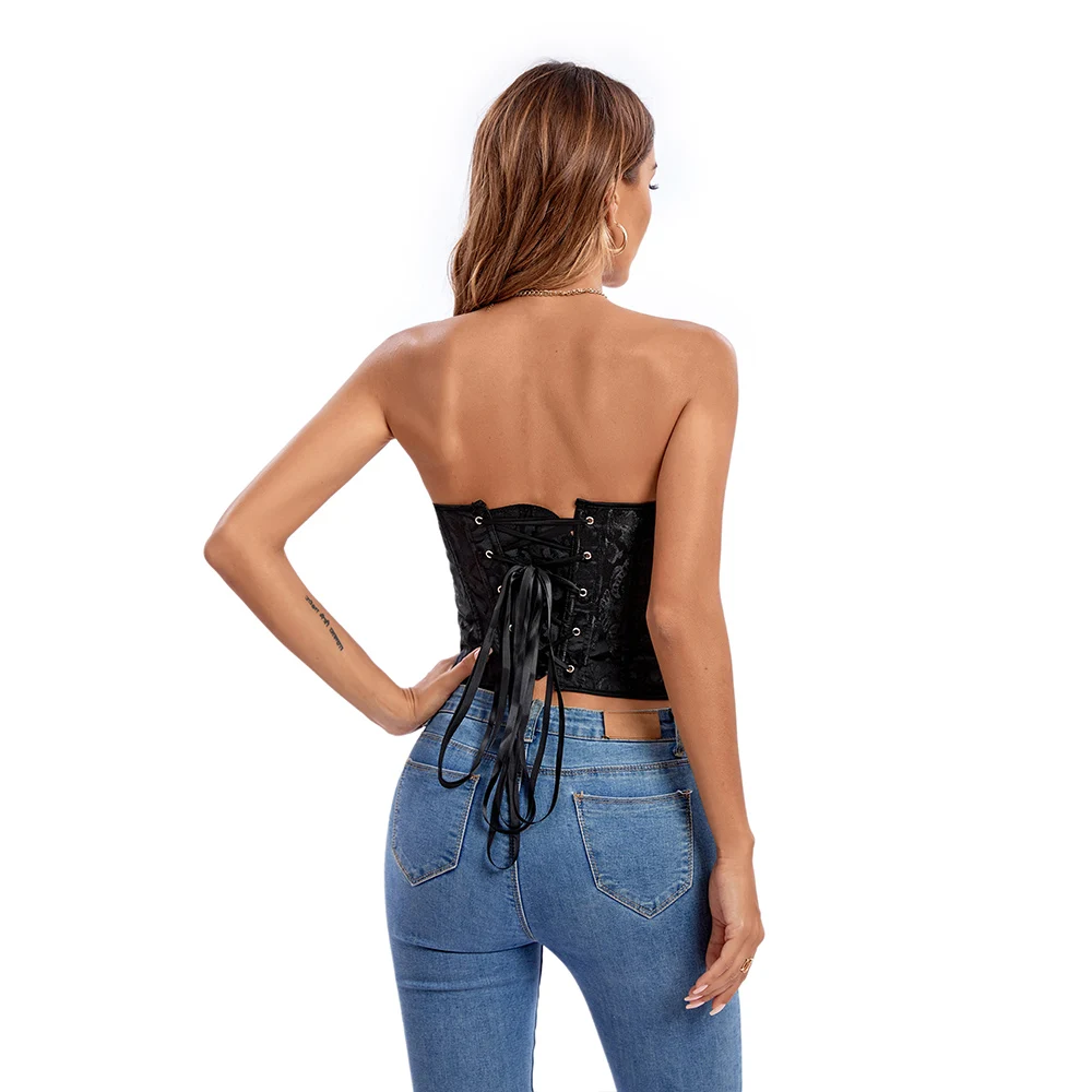 Short Style Overbust Corset Plastic Bones Crop Top Korset Basques Jacquard Waist Bustier Top