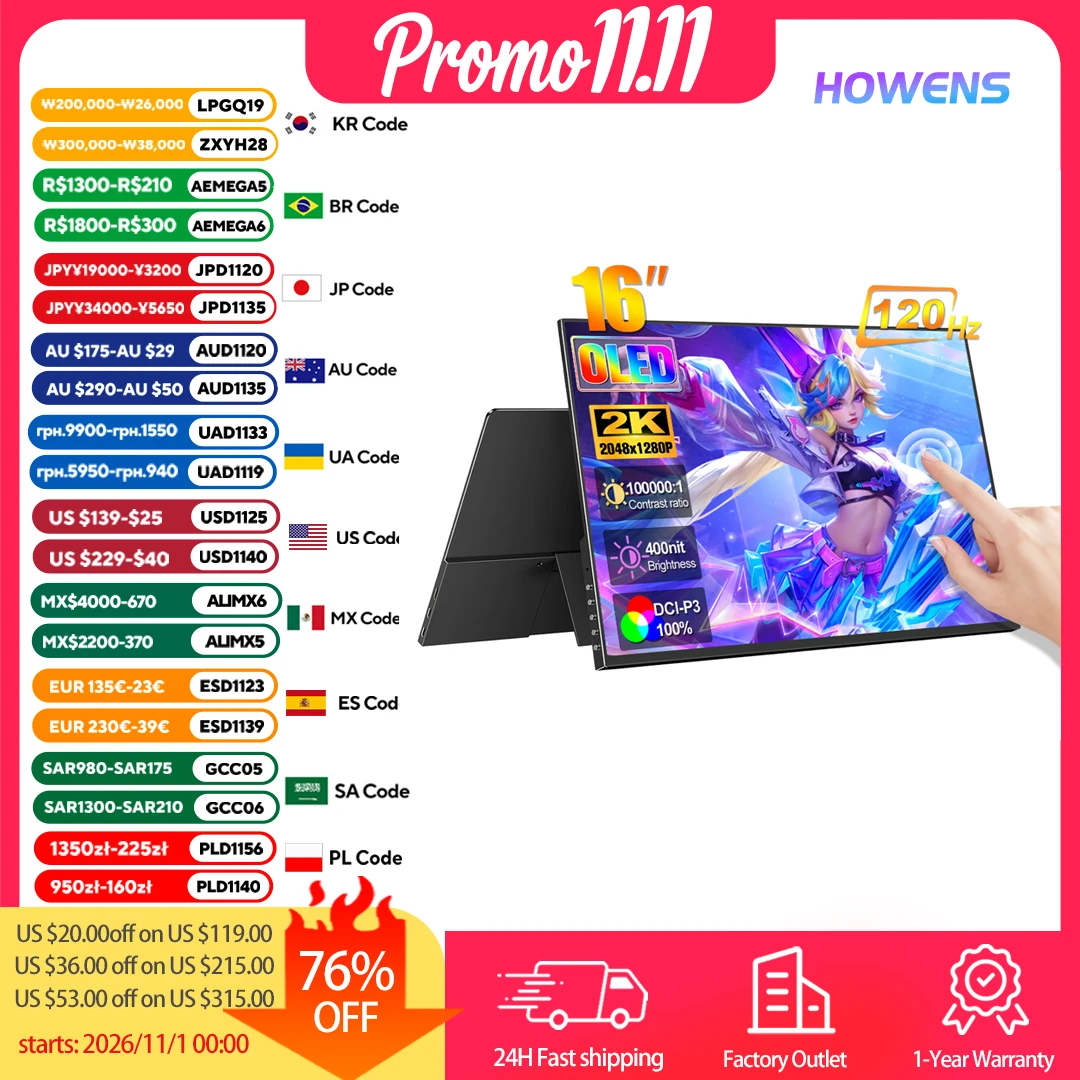 16-inch OLED Touch Screen 120Hz Gaming Monitor Portable 2K 1MS Eye Care Display USB C HDMI For Laptop Mac Phone Mini PC PS5 VESA