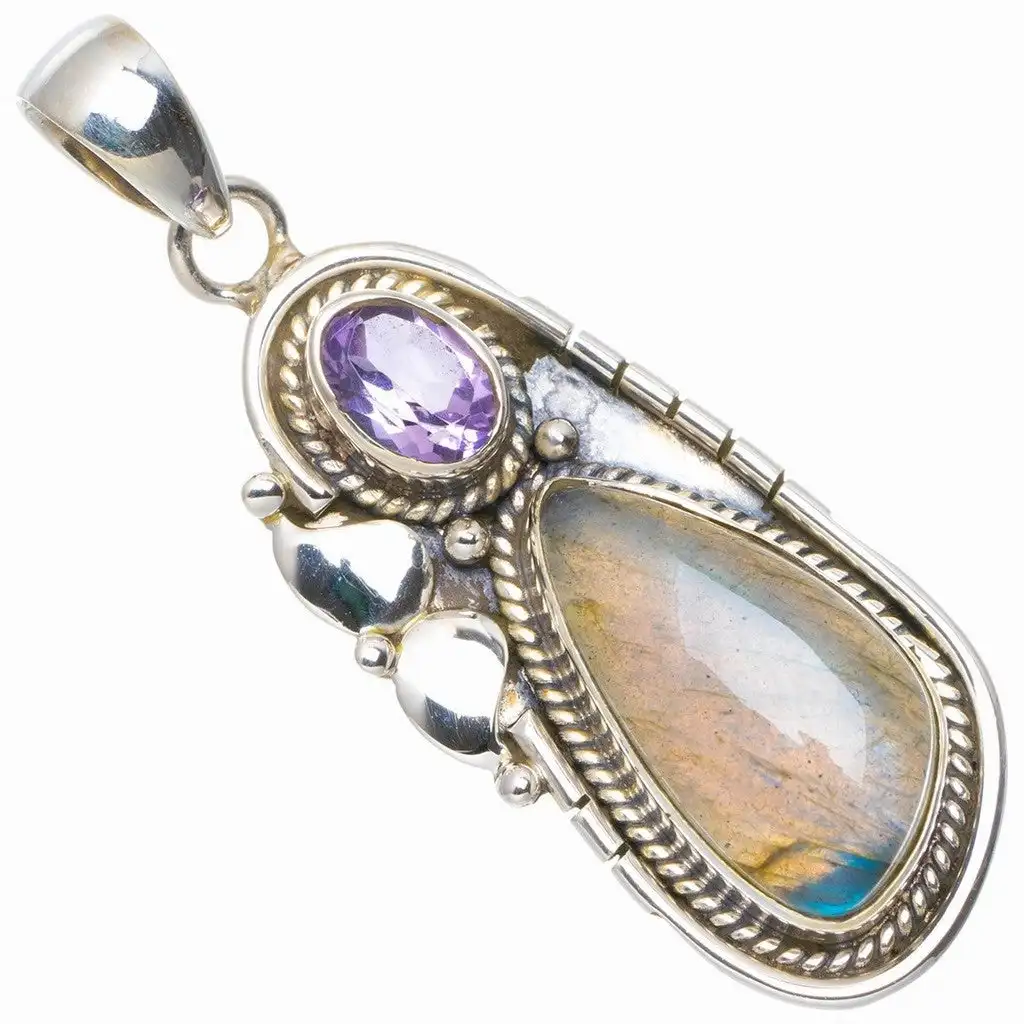 

Blue Fire Labradorite and Amethyst Handmade Unique 925 Sterling Silver Pendant 1.75" A0081