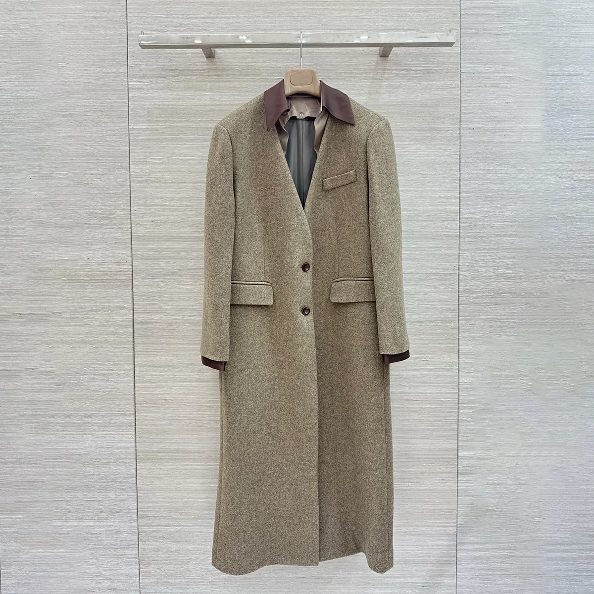 2026 high-quality women's Korean style high-end splicing leather collar long woolen coat2610806