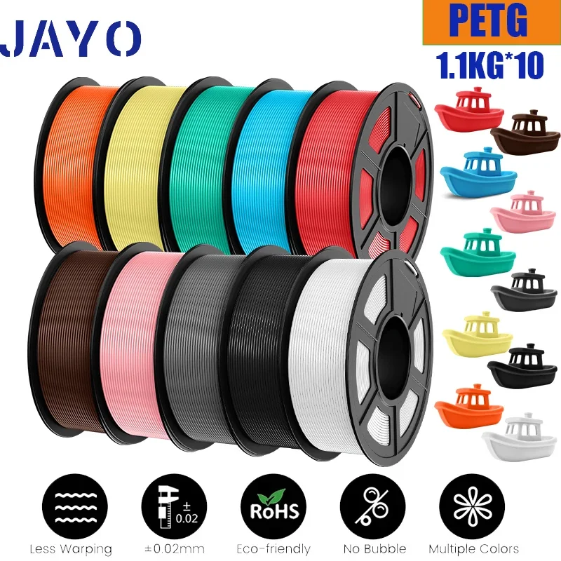 

JAYO petg Filament 3d PETG 1.75mm 10Rolls Neatly Wound Toughness no bubbles 3D Printer Filament for FDM Muticolor 1.1KG /roll