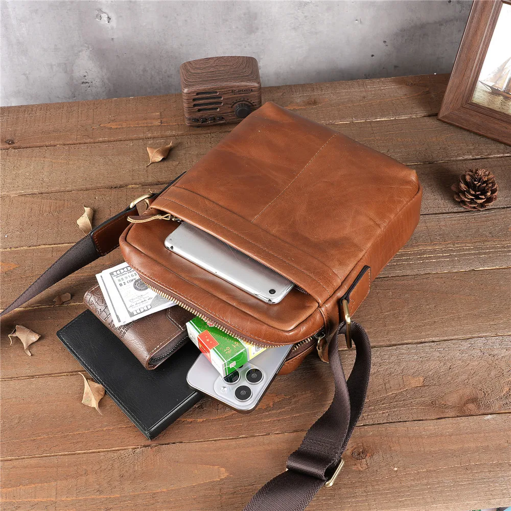 9001 Men's Genuine Leather Single Shoulder Tablet Bag, Retro Oil Wax Top Layer Cowhide Large Capacity Crossbody Bag