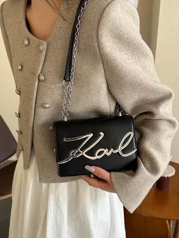 Fashionable Crossbody Bag Solid Color Shoulder Bag Metal Letter Logo ChainLink Strap Featuring Magnetic Button for Daily Use