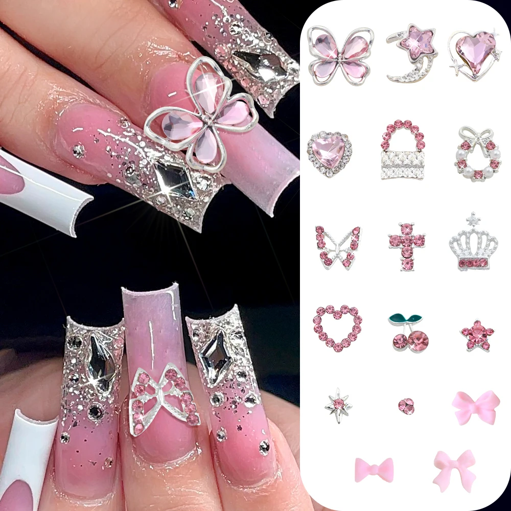 58 pezzi 3D misti rosa farfalla/cuore/ciliegia ciondoli per unghie con gemma in lega stella corona decorazioni per unghie artistiche parte delle unghie di San Valentino