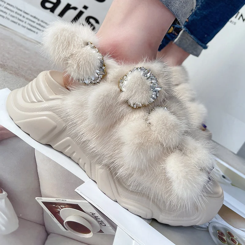 

Summer New Women's Platform Sandals Luxury Natural Mink Hair High-end Rhinestones Decorated Outdoor Fashion Fur Slippers