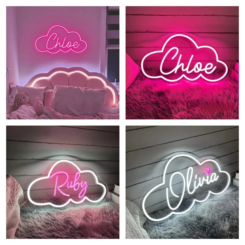 Niestandardowy neon z imieniem chmury, spersonalizowany pokój dziecięcy dla dziewczynki Sypialnia dla dzieci Światło neonowe LED Dekoracja ścienna domu Urodziny