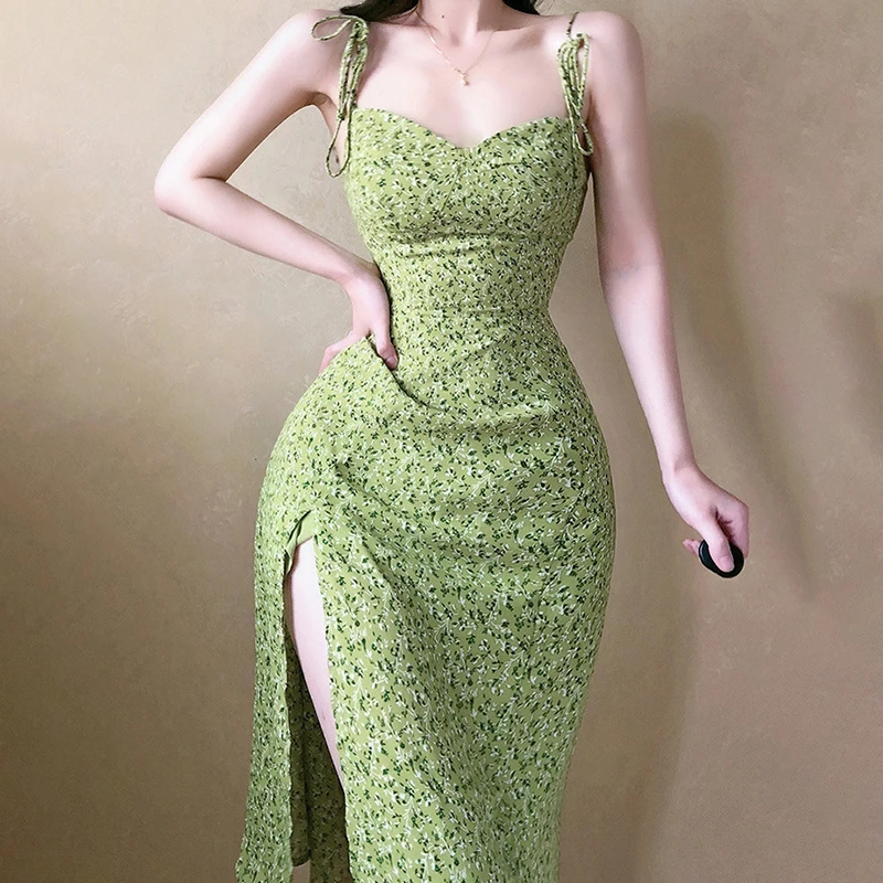 Floral Sling Dress Women Green Female Korean Elegant Sexy Slit Summer Dresses