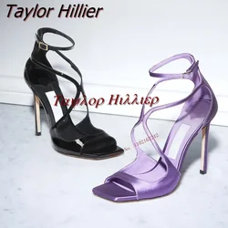 2023 estate nuovo Taro viola raso tacchi alti Stiletto Open Toe sandali punta quadrata fibbia cinturino Sexy tutto-fiammifero scarpe da donna 45