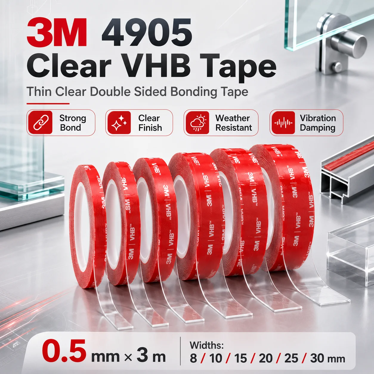 3M 4905 Clear VHB Double Sided Tape Thin Strong Bonding for Glass Metal Acrylic Signage Trim Mounting 0.5mm x 3m