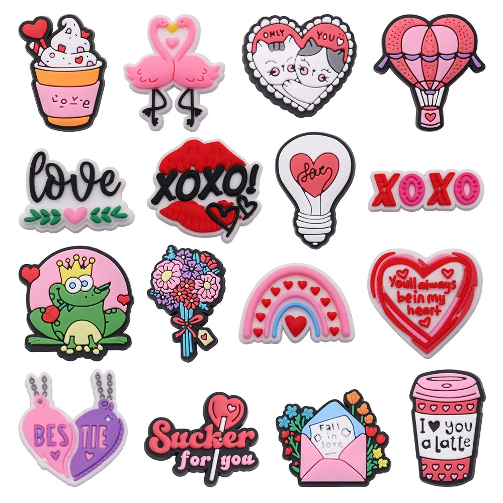 

Mix 50pcs PVC Shoe Charms Bulb Flower Rainbow Heart Drink Only You Cake Swan Cat Hot Air Balloon Love Buckle Clog Accessories