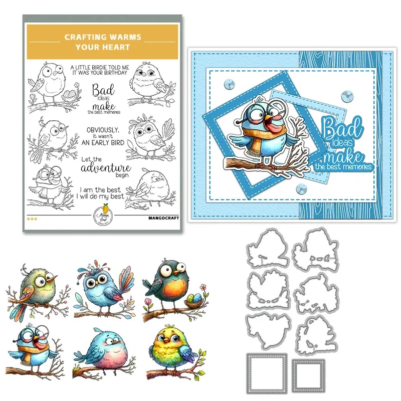 Cute Funny Birds Stand Braches Cutting Dies Clear Stamp DIY Scrapbooking Metal Dies Silicone Stamp Cards Albums Decor