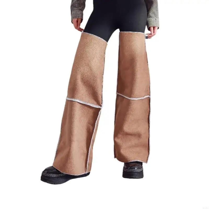 L5YC Women Faux Suedes Over Knee Leg Warmers Stockings Fleece Lined Flared Thigh High Leg Covers Footless Socks Streetwear