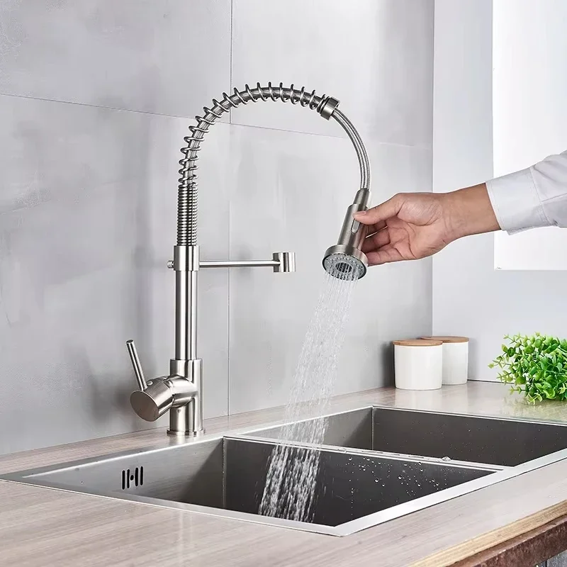 Brushed Nickel Spring Pull Down Kitchen Faucets Stream Spray Head Hot Cold Water Tap Brass Rotation Kitchen Mixer Tap Crane